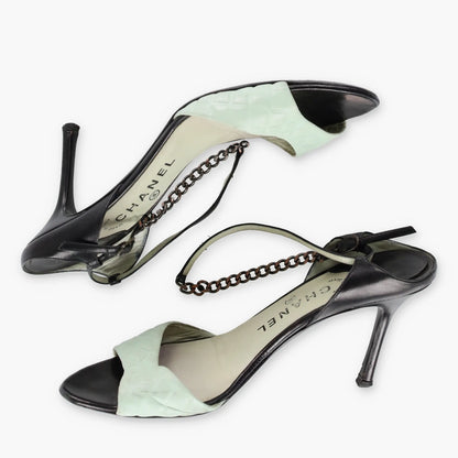 Vintage CHANEL Italy Made Chain Strap Blue & Black Leather Heel (40)