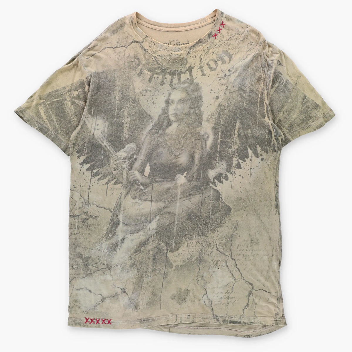 AFFLICTION Bamboo Vintage Y2K Angel & Sword All Over Print Red Stitch Detail USA Made T-Shirt (L TALL)