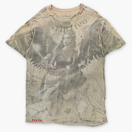 AFFLICTION Bamboo Vintage Y2K Angel & Sword All Over Print Red Stitch Detail USA Made T-Shirt (L TALL)
