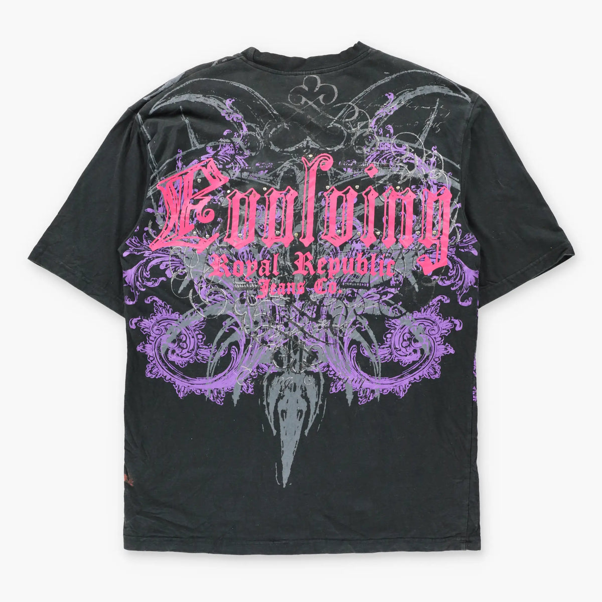 Vintage ROYAL REPUBLIC Black & Pink Studded Fleur-De-Lis Y2K Tee (XL TALL)