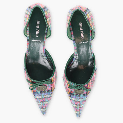 Vintage MIU MIU Multicolour Tweed & Green Leather Italian Made Slingback Kitten-Heels (38)