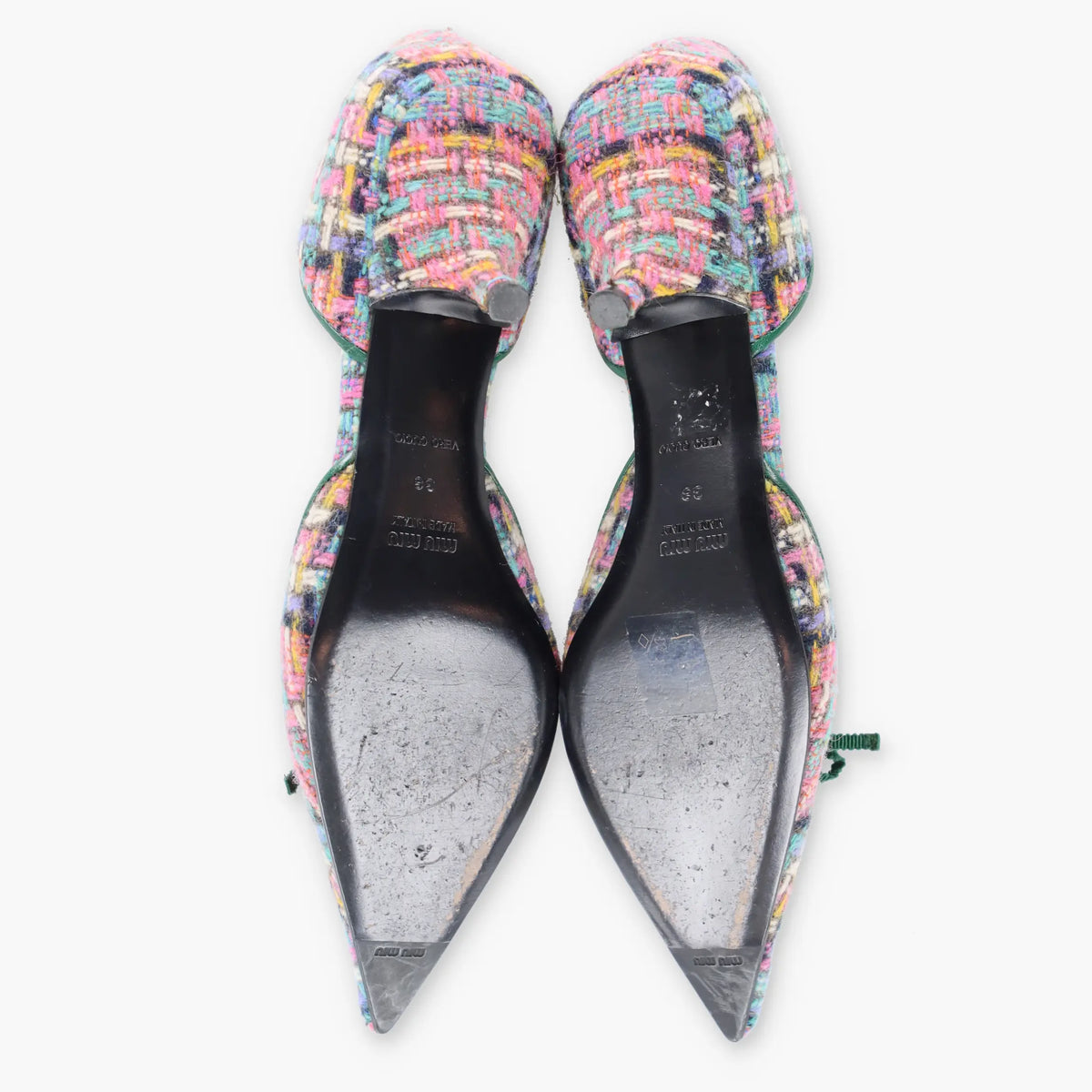 Vintage MIU MIU Multicolour Tweed & Green Leather Italian Made Slingback Kitten-Heels (38)