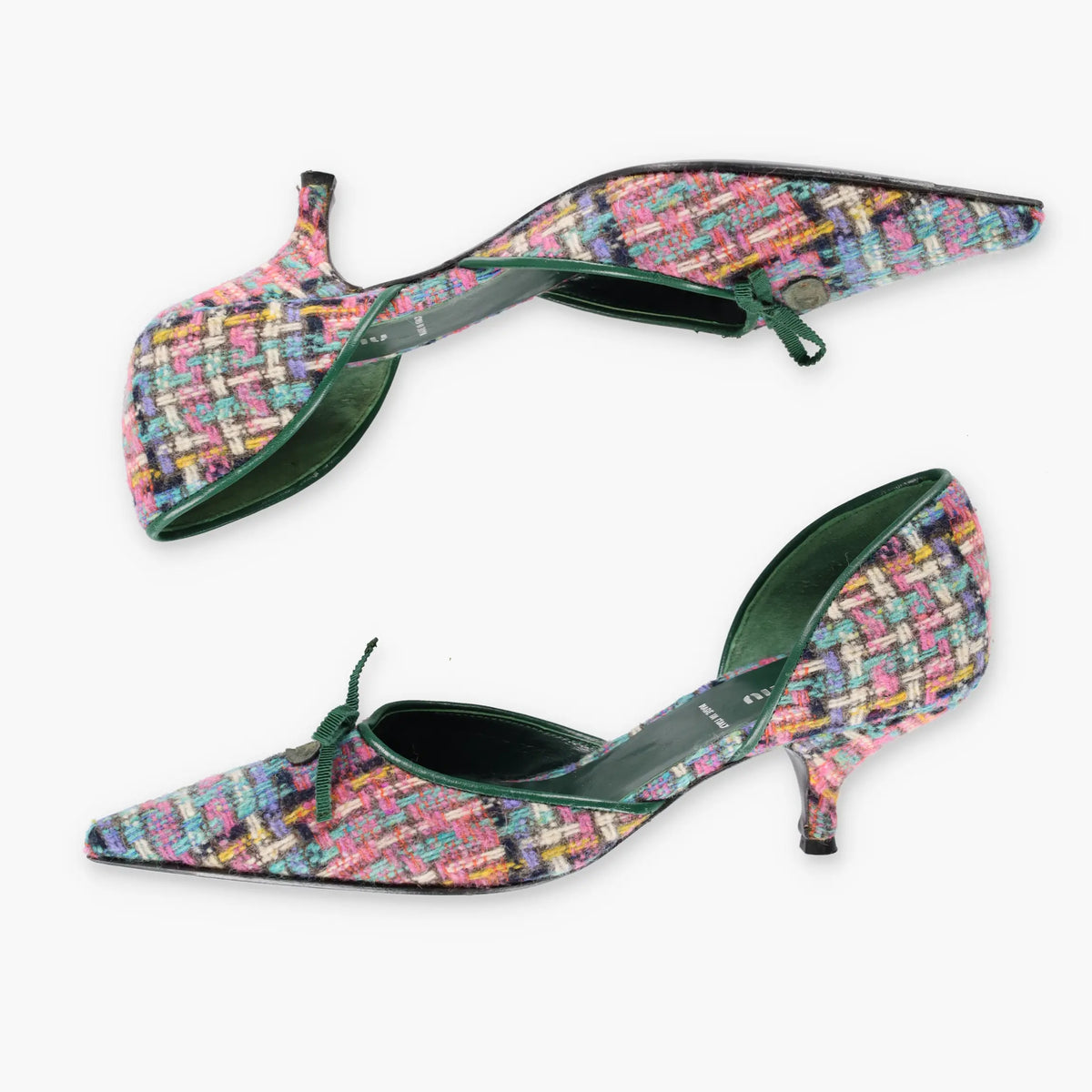 Vintage MIU MIU Multicolour Tweed & Green Leather Italian Made Slingback Kitten-Heels (38)