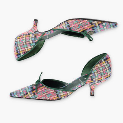 Vintage MIU MIU Multicolour Tweed & Green Leather Italian Made Slingback Kitten-Heels (38)