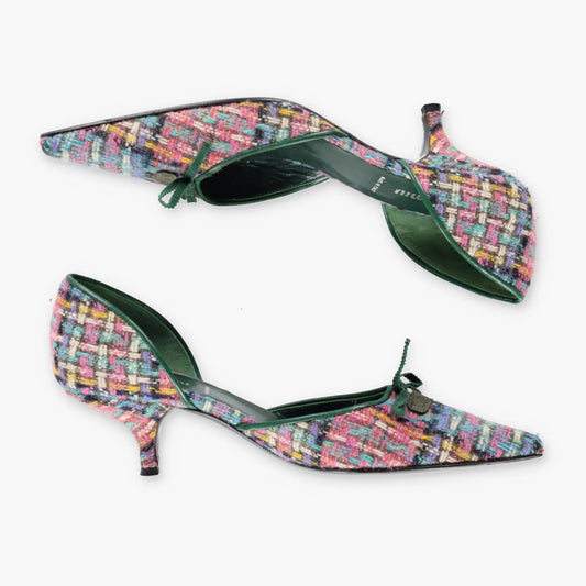 Vintage MIU MIU Multicolour Tweed & Green Leather Italian Made Slingback Kitten-Heels (38)