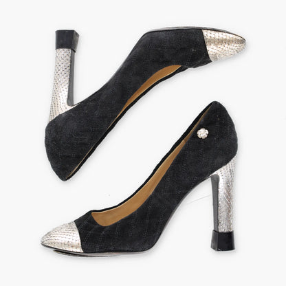 Vintage CHANEL Black Suede & Python CC Logo Cap Toe Pump Heels (37.5)