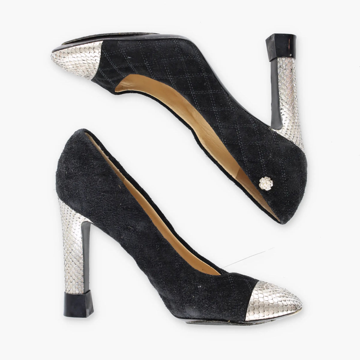 Vintage CHANEL Black Suede & Python CC Logo Cap Toe Pump Heels (37.5)