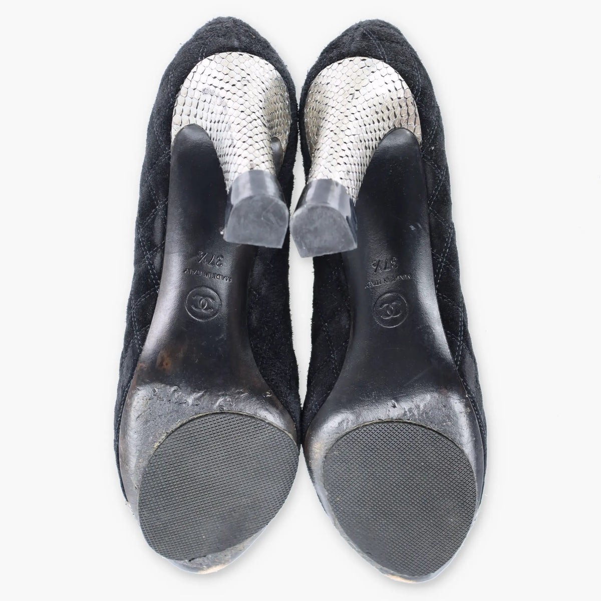 Vintage CHANEL Black Suede & Python CC Logo Cap Toe Pump Heels (37.5)