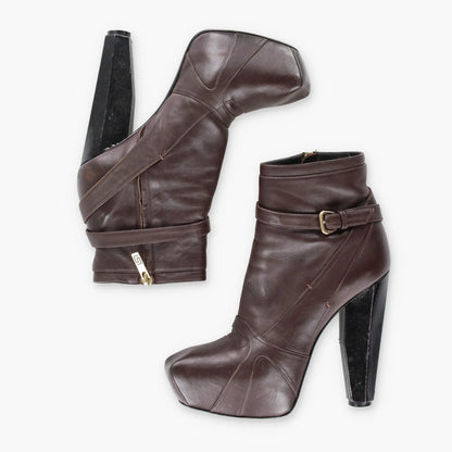 Vintage VERSACE Brown Leather Italian Made Buckle Strap Ankle Boot Heels (37.5)