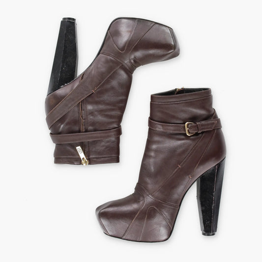 Vintage VERSACE Brown Leather Italian Made Buckle Strap Ankle Boot Heels (37.5)
