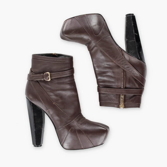 Vintage VERSACE Brown Leather Italian Made Buckle Strap Ankle Boot Heels (37.5)