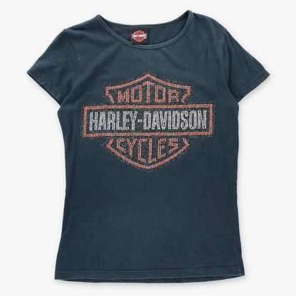 Vintage HARLEY DAVIDSON Rhinestone Embellished Logo O'Fallon Illinois Black Y2K Tee (Women's M)