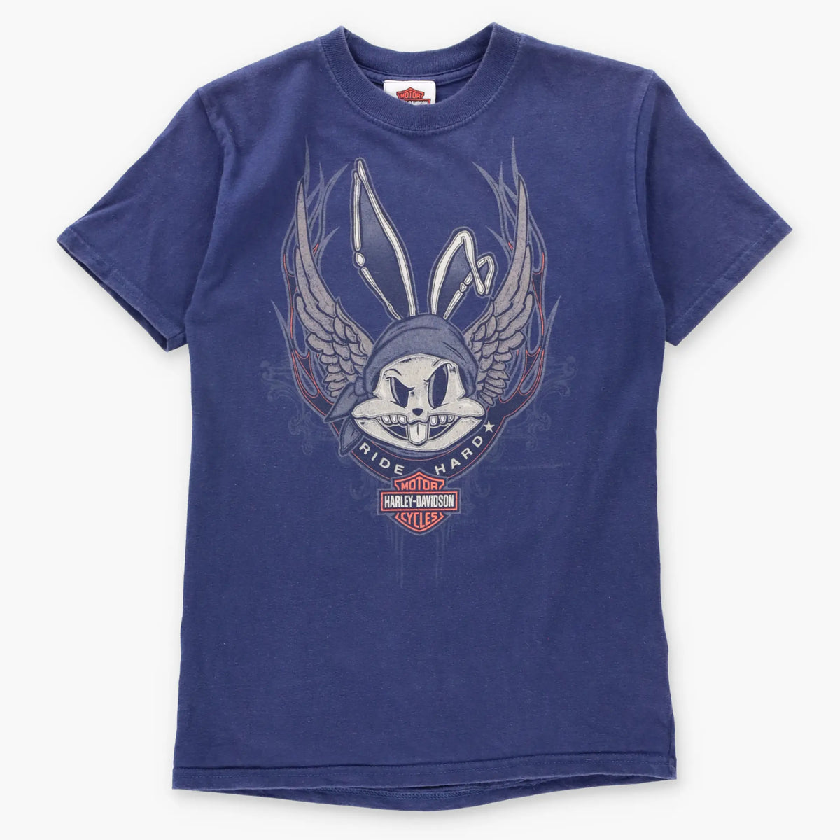 Vintage HARLEY DAVIDSON x LOONEY TUNES "Ride Hard" Bunny Skull Myrtle Beach Navy Blue T-Shirt (XS)