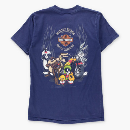 Vintage HARLEY DAVIDSON x LOONEY TUNES "Ride Hard" Bunny Skull Myrtle Beach Navy Blue T-Shirt (XS)