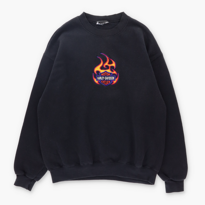 HARLEY DAVIDSON 90s Flame Centre Logo Embroidered Sweatshirt (L)