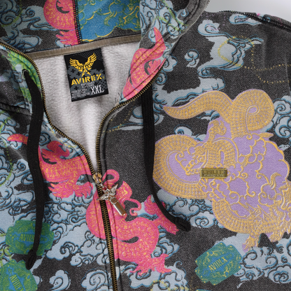 AVERIX 'Lucky Dragon' Y2K Full Zip Hoodie Sweatshirt (XXL)