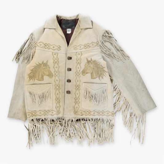 Vintage CREACIONES Hand-Tooled Beige Suede Western Fringe Jacket (XL)