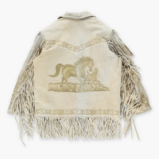 Vintage CREACIONES Hand-Tooled Beige Suede Western Fringe Jacket (XL)