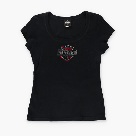 HARLEY DAVIDSON Rhinestone Centre Logo Y2K T-Shirt USA Made (Women's L-XL)