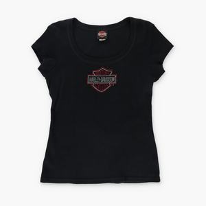 HARLEY DAVIDSON Rhinestone Centre Logo Y2K T-Shirt USA Made (Women's L-XL)