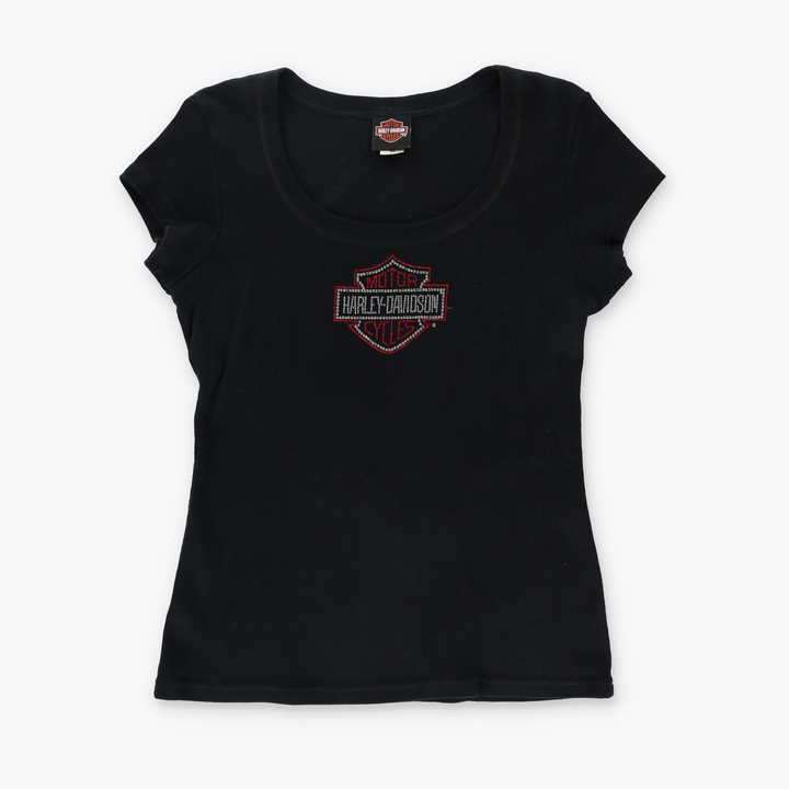 HARLEY DAVIDSON Rhinestone Centre Logo Y2K T-Shirt USA Made (Women's L-XL)