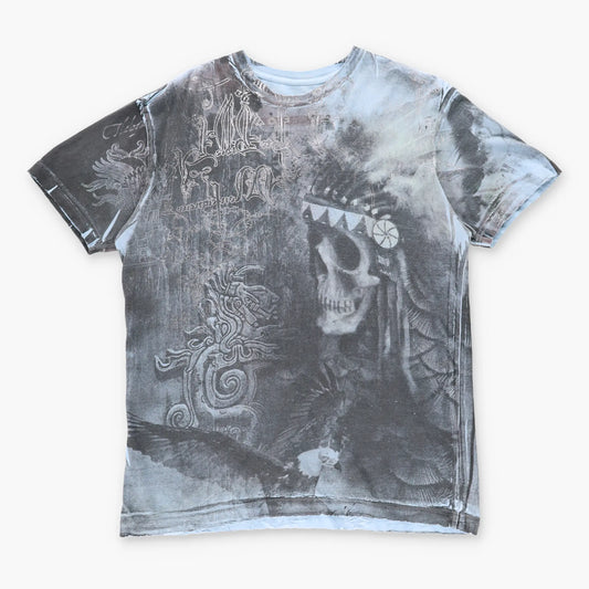 Vintage AFFLICTION Y2K Distressed Tie Dye USA Made Blue & Silver T-Shirt (L)
