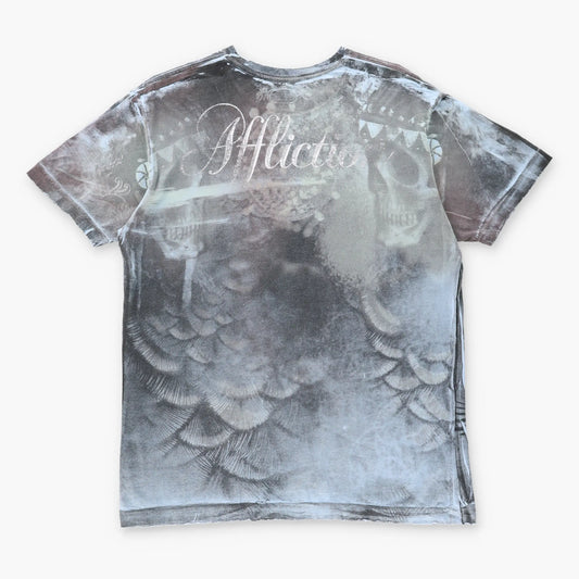 Vintage AFFLICTION Y2K Distressed Tie Dye USA Made Blue & Silver T-Shirt (L)