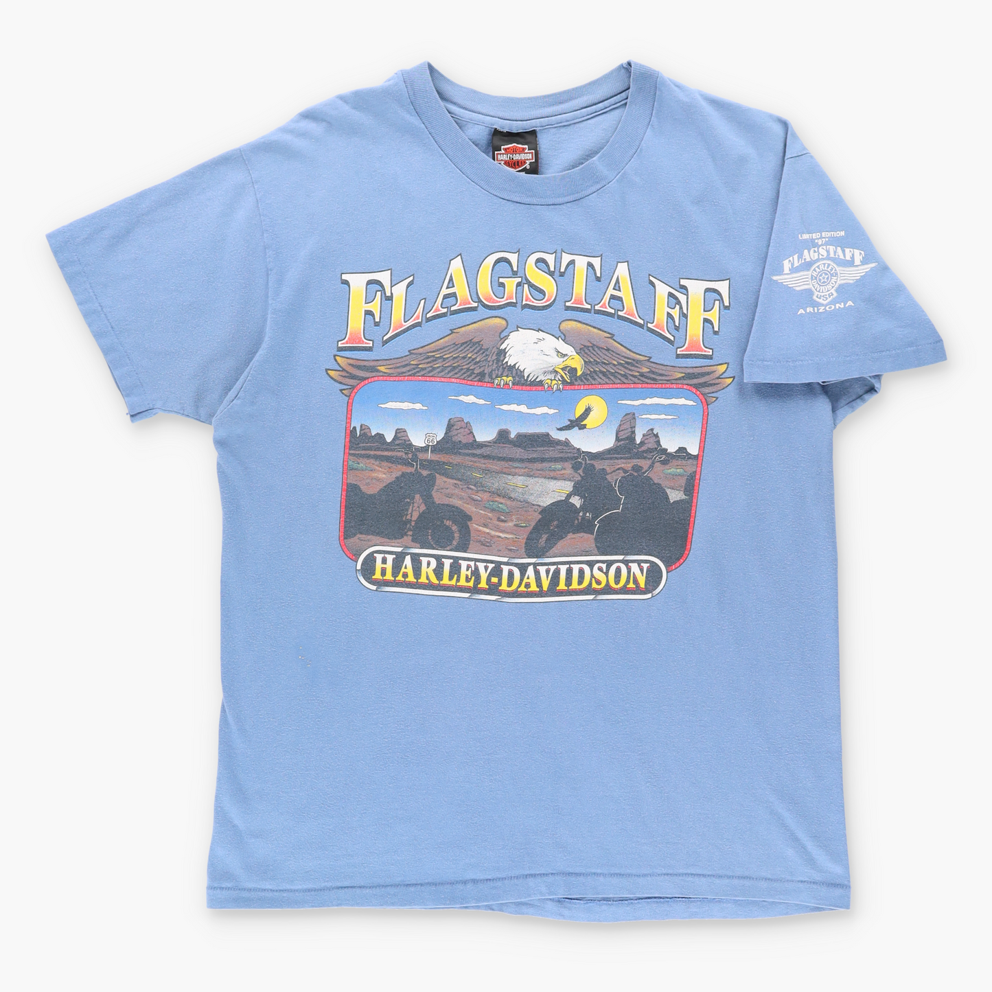 Vintage HARLEY DAVIDSON 'Flagstaff' Arizona USA Made Single Stitch Blue Motorcycle T-Shirt (M-L) Vintage Sole Melbourne