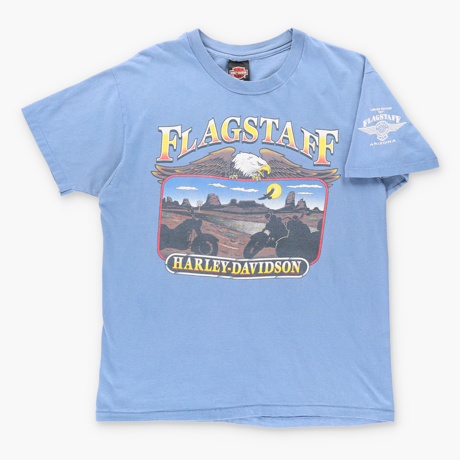 Vintage HARLEY DAVIDSON 'Flagstaff' Arizona USA Made Single Stitch Blue Motorcycle T-Shirt (M-L) Vintage Sole Melbourne