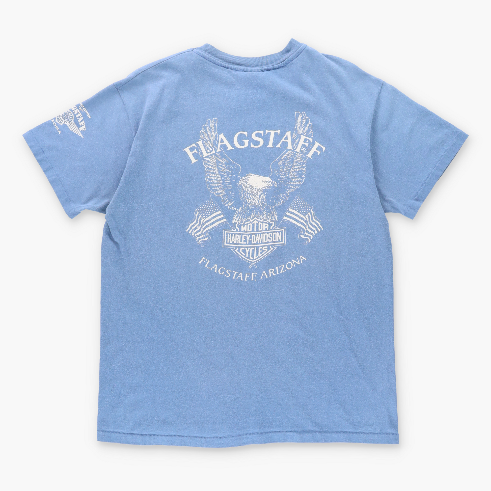 Vintage HARLEY DAVIDSON 'Flagstaff' Arizona USA Made Single Stitch Blue Motorcycle T-Shirt (M-L) Vintage Sole Melbourne