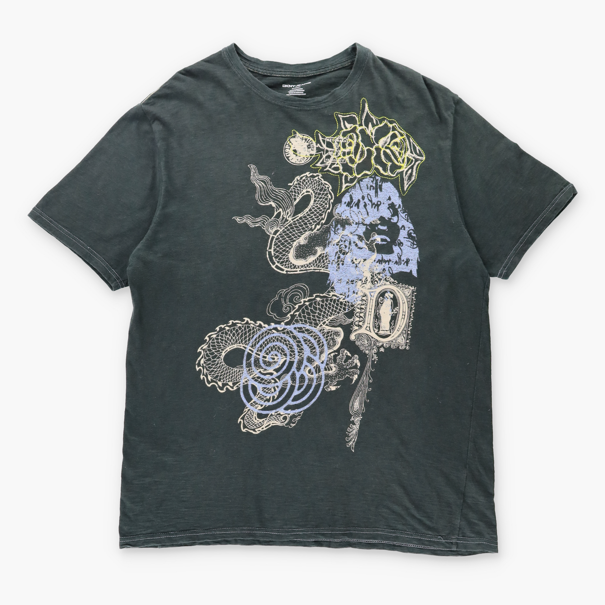 Vintage DKNY JEANS Y2K Dragon Contrast Stitch Grunge Black T-Shirt (XL) Vintage Sole Melbourne