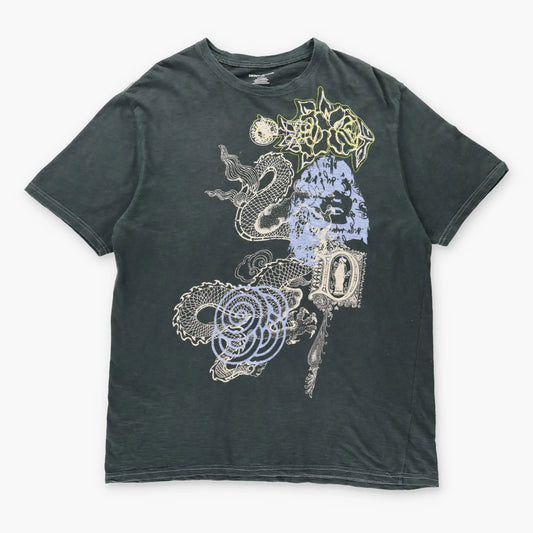 Vintage DKNY JEANS Y2K Dragon Contrast Stitch Grunge Black T-Shirt (XL)