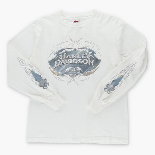 Vintage HARLEY DAVIDSON Y2K Orlando White Motorcycle White Long Sleeve T-Shirt (M-L)