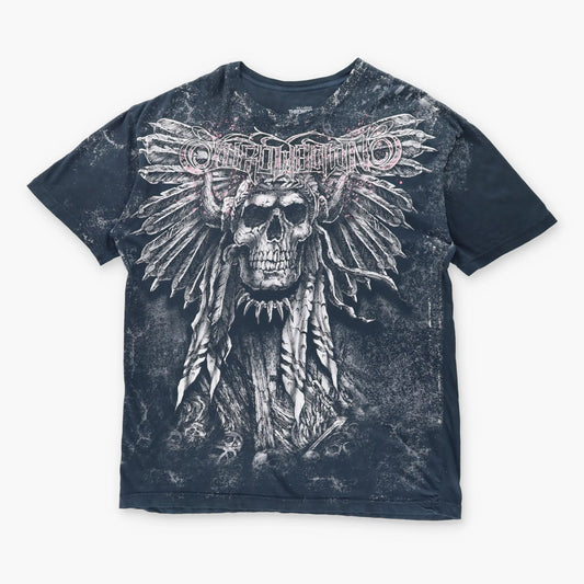 Vintage AFFLICTION Y2K 'Throwdown' Skull Grunge USA Made Black T-Shirt (XXL)