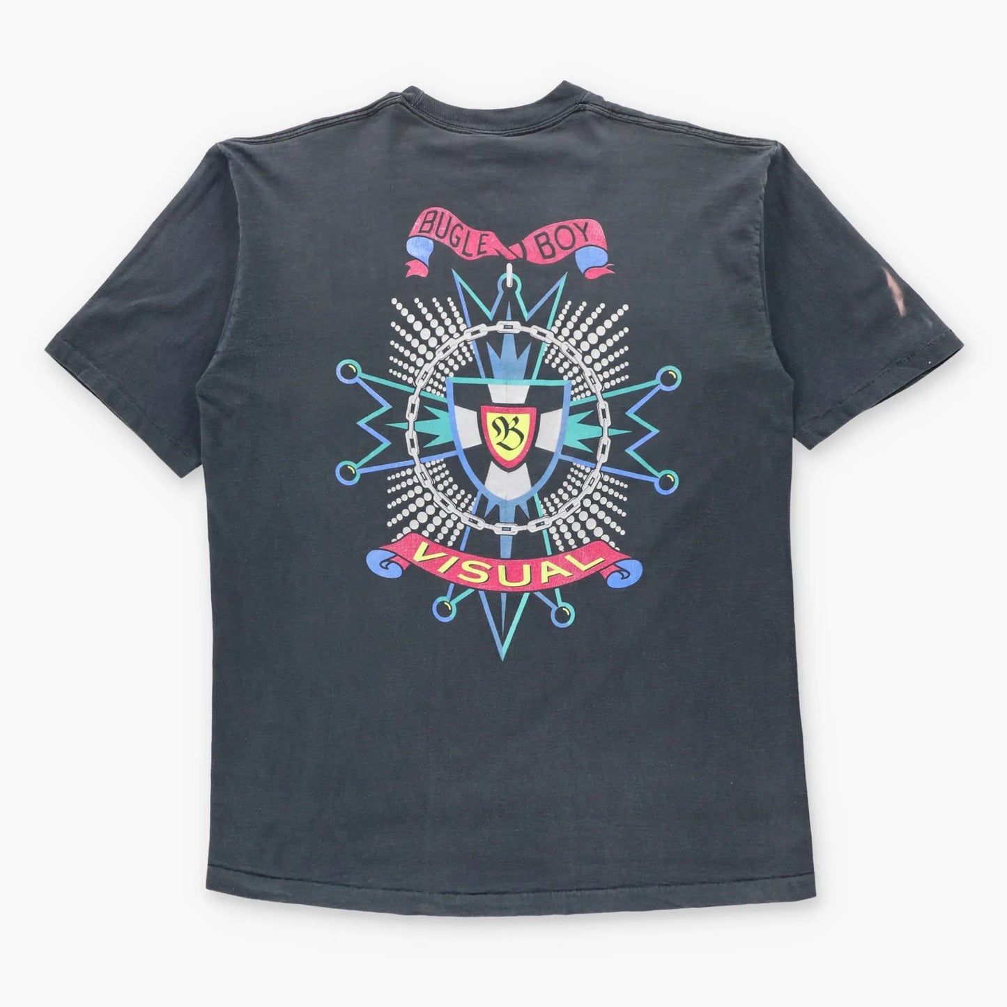 Vintage BUGLE BOY "Visual" Shimmer Graphic Faded Black Single Stitch Tee USA Made (L)