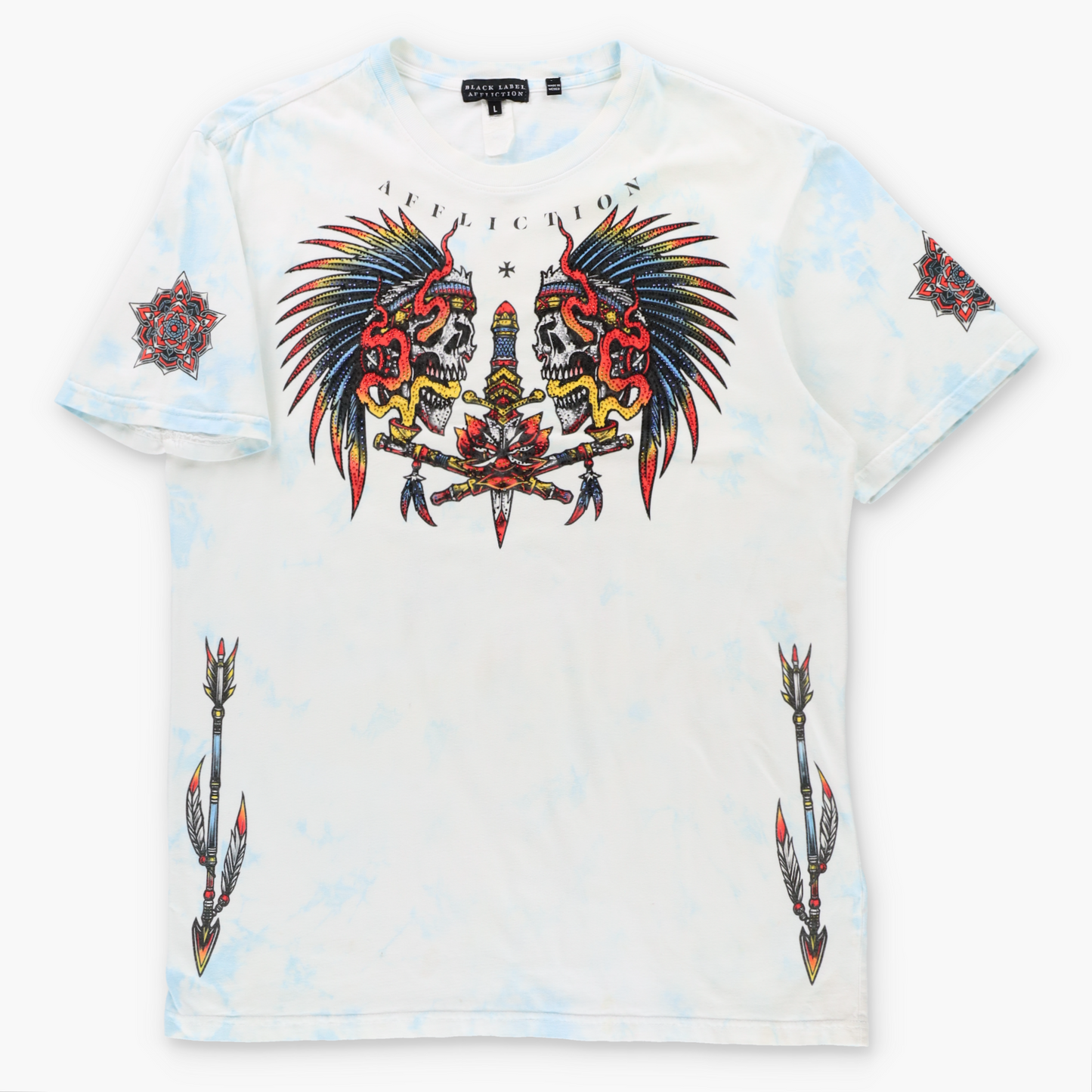 Vintage AFFLICTION BLACK LABEL Feather Headdress Skulls Y2K White & Blue Tie-Dye Tee (L TALL) Vintage Sole Melbourne