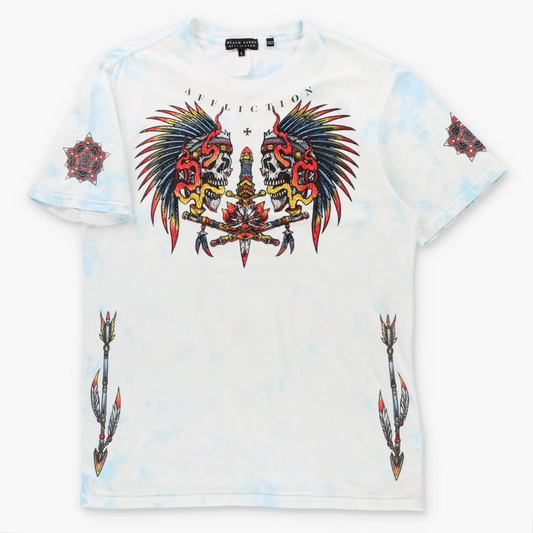 Vintage AFFLICTION BLACK LABEL Feather Headdress Skulls Y2K White & Blue Tie-Dye Tee (L TALL)