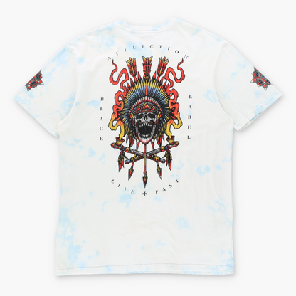 Vintage AFFLICTION BLACK LABEL Feather Headdress Skulls Y2K White & Blue Tie-Dye Tee (L TALL) Vintage Sole Melbourne