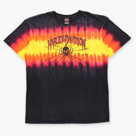 Vintage 2001 HARLEY DAVIDSON Spider Skull Graphic New York City Tie-Dye Flames Tee (XL-XXL)
