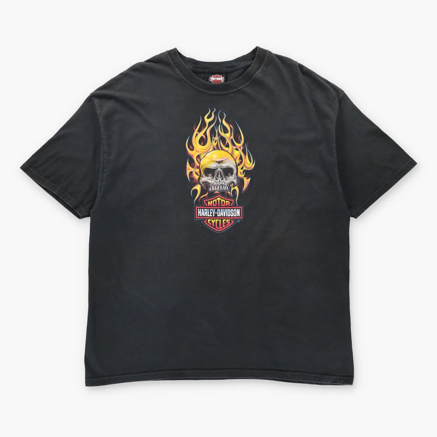 Vintage HARLEY DAVIDSON Flaming Skull Woodstock Illinois Black T-Shirt (XXL)