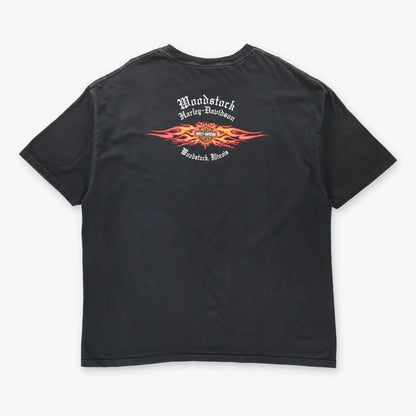 Vintage HARLEY DAVIDSON Flaming Skull Woodstock Illinois Black T-Shirt (XXL)