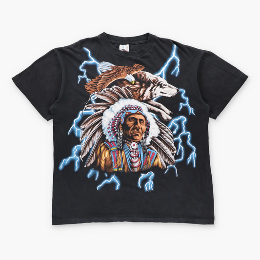 Vintage American Thunder Native American Chief & Wolf All Over Print Single Stitch Boxy Tee (XL)