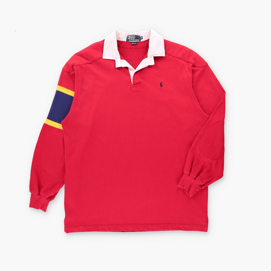 RALPH LAUREN POLO Shoulder & Elbow Pads Red Embroidered Logo Collared Rugby Jumper USA Made (XL)