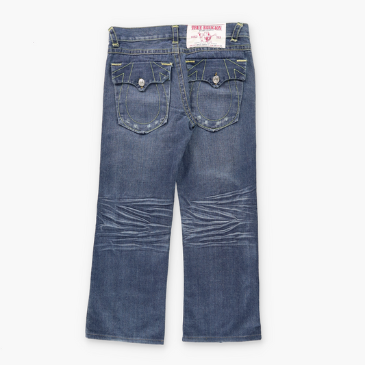 TRUE RELIGION Blue Denim Embroidered Horseshoe USA Made Flap Pocket Jeans (34)