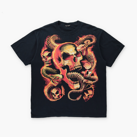 LIQUID BLUE Flaming Skulls & Rattlesnakes Y2K Style Black T-Shirt (XXL)