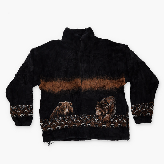 BEAR RIDGE 'USA Made' Brown Bear Aztec Print Plush Black Fleece Zip-Up Jacket (M)