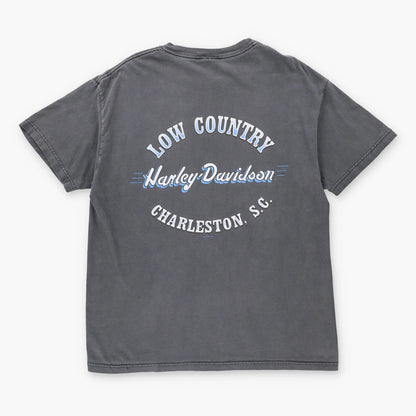 Vintage HARLEY DAVIDSON Y2K 'Low Country' Grey Faded USA Made Motorcycle T-Shirt (L)