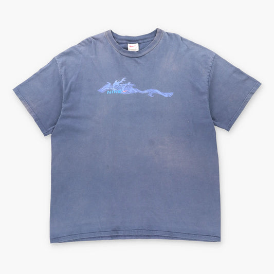 Vintage NIKE Y2K Wave Orange Swoosh Logo Navy T-Shirt (XXL)
