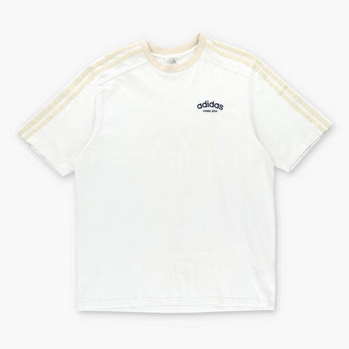 Vintage ADIDAS Y2K 'Athens 2004' USA Olympic Embroidered Beige & White Ringer T-Shirt (M)