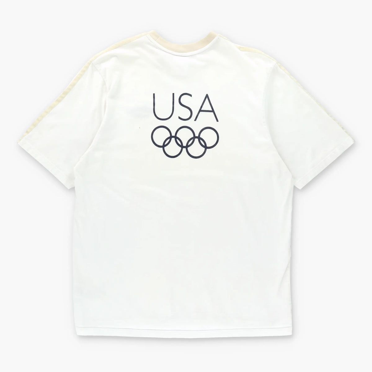 Vintage ADIDAS Y2K 'Athens 2004' USA Olympic Embroidered Beige & White Ringer T-Shirt (M)